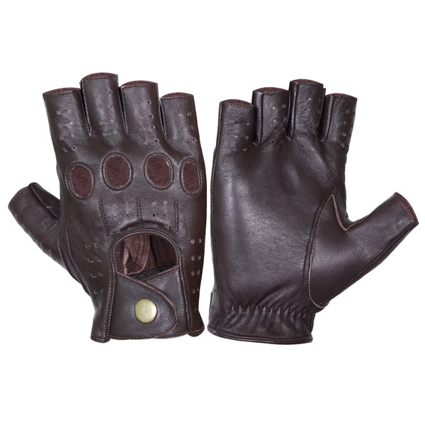 WASPRO Dark Brown half finger leather gloves,Leather Driving gloves, Lambskin Leather gloves, Fashion leather gloves