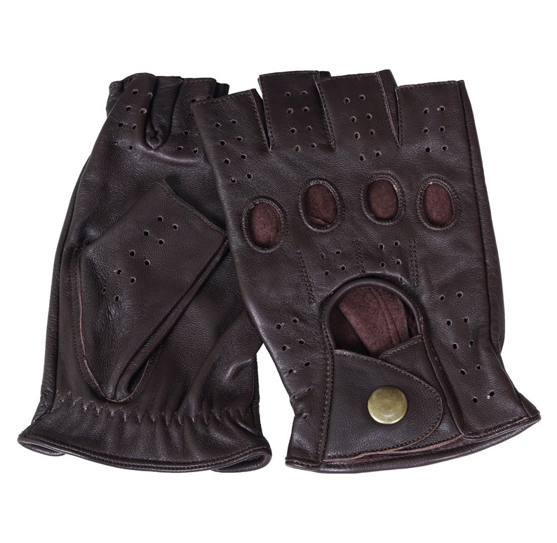 WASPRO Dark Brown half finger leather gloves,Leather Driving gloves, Lambskin Leather gloves, Fashion leather gloves image 3