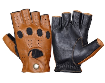 WASPRO-Black Brown half finger leather gloves,Leather Driving gloves, Lambskin Leather gloves, Fashion leather gloves