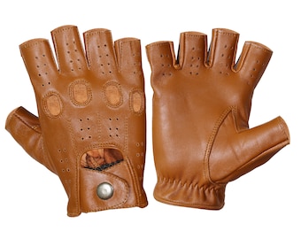 Tan Brown half finger leather gloves,Leather Driving gloves, Mens knuckle gloves, chauffeur gloves, Geniune Leather gloves, Fashion gloves
