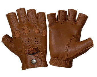 Brown half finger leather gloves,Leather Driving gloves, Mens knuckle gloves, chauffeur gloves, Geniune Leather gloves, Fashion gloves