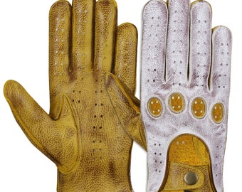 WASPRO - Cuero de piel de ciervo, guantes de cuero de mezcla de color blanco tostado, guantes de conducción, guantes de cuero genuino, guantes de cuero de moda