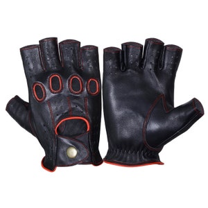 Black Red leather gloves HALF,Leather Driving gloves, Mens knuckle gloves, chauffeur gloves, Geniune Leather gloves, Fashion leather gloves