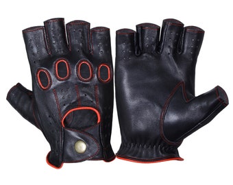 Black Red leather gloves HALF,Leather Driving gloves, Mens knuckle gloves, chauffeur gloves, Geniune Leather gloves, Fashion leather gloves