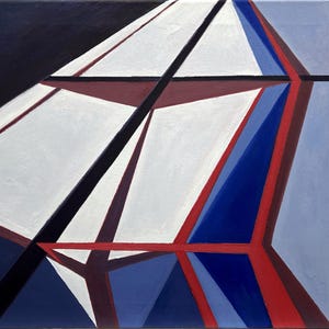 May include: Abstract geometric painting with white, red, blue, and black shapes. The artwork features a complex arrangement of lines and forms, creating a dynamic composition. The color palette includes shades of white, red, blue, and black, with a dark background.