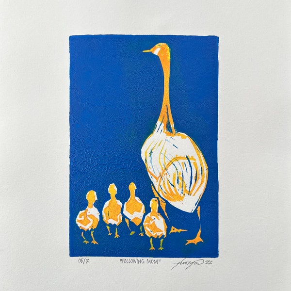 Following Mom - Original artwork linocut print
