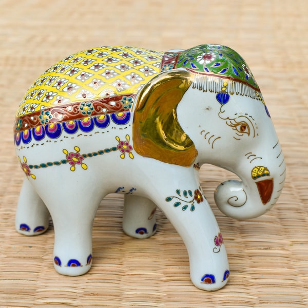 Ceramic Elephant Figurine, Blue and Gold ornament, Hand-painted Benjarong, Porcelain decoration, Colorful Clay, Thai Pottery, Elephant lover