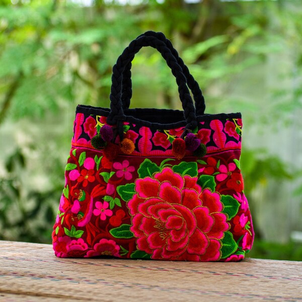 Sac à main brodé, fleurs roses, sac à main Hmong, sac à main Boho ethnique, sac à main thaïlandais, sac à main brodé, sac de tapisserie, sac à main coloré, coton