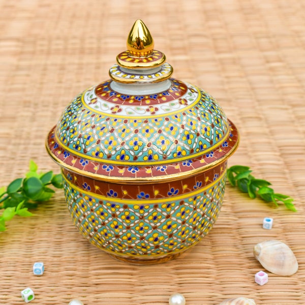 Benjarong Jar with lid, Thai life-style painting,  hand-painted pottery, Gold Decorative Pot, Royal Pottery Vase, Unique Colorful Gift,