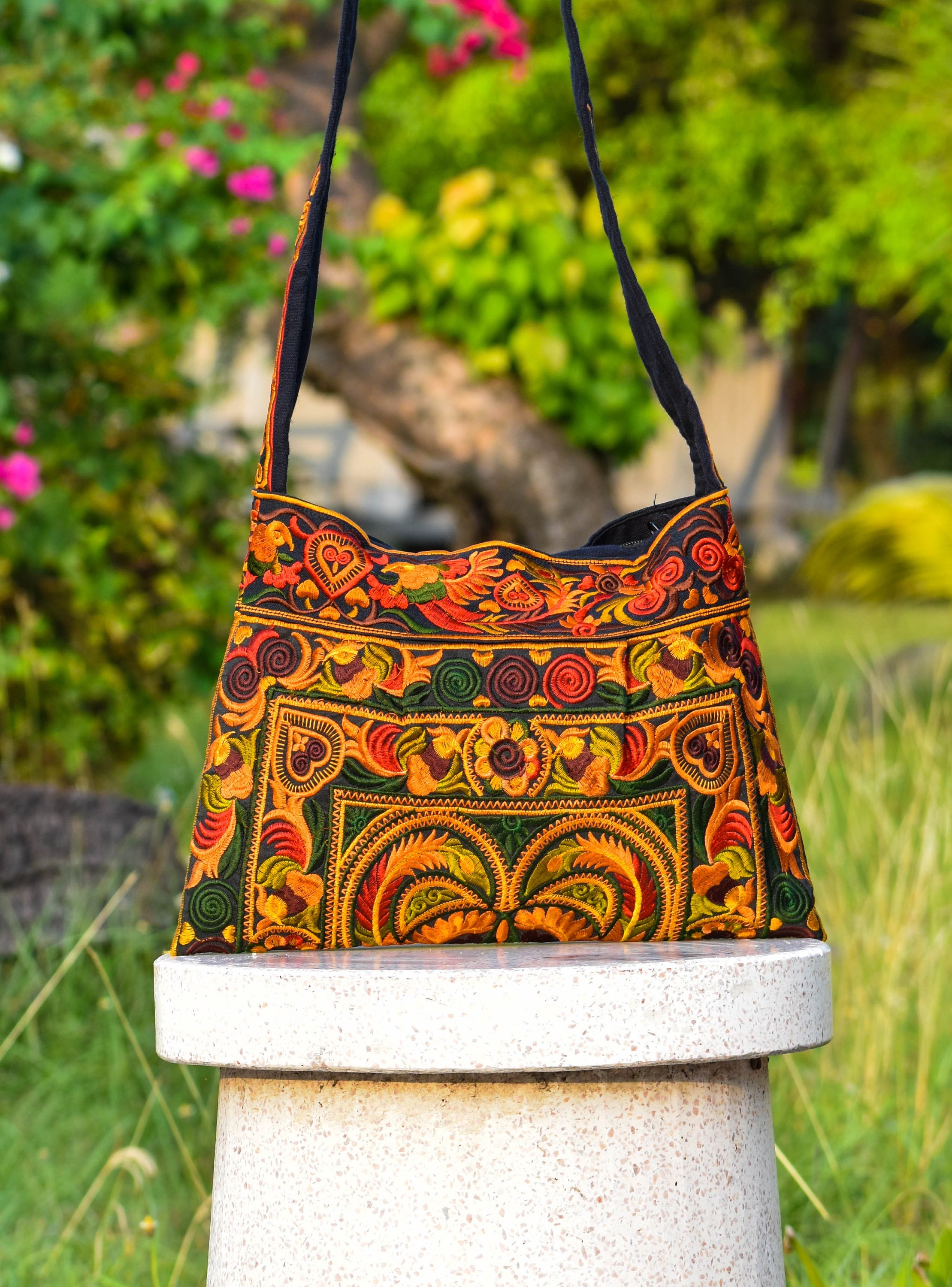 Half Moon Tote Bag - Handmade Hippie Bag With Colourful Vintage Fabrics