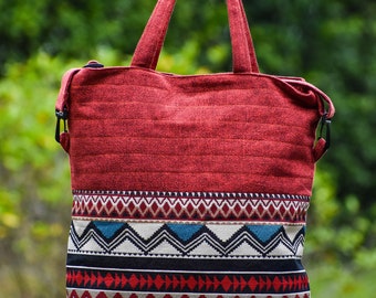 Tote Bag Hippie Stone-washed Shoulder Bag Large Shopping Bag with Detachable Crossbody Strap Thai Handmade Gift for Ethnic product lovers