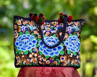 Large Hmong Tote, Hmong Cotton Bag, Blue flowers, Boho Tote Bag, Pom Pom Handbag, Hippie Bucket Bag, Embroidered Shoulder Bag, Handmade