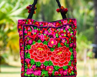 Large Floral Bag, Embroidered Shoulder Bag, Pink Flowers Tote Bag , Hippie Tote Bag, Shopping Bag, Hmong Bag, Boho Bag, Woven Handbag,