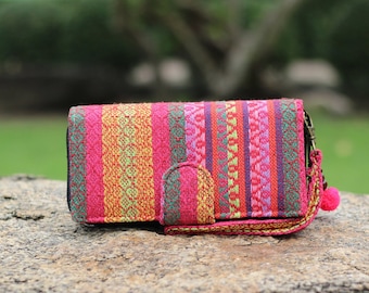 Card Wallet, Striped Hippie Wallet, Boho Wallet Womens, BiFold Phone Wallet, Woven Fabric Wallet, Vegan Christmas Gift