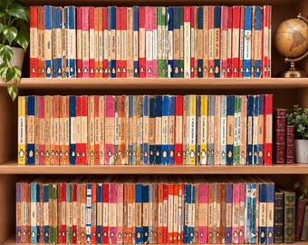 May include: A collection of vintage Penguin paperback books arranged on three wooden shelves. The books feature iconic tri-band covers in various colors including orange, blue, and green, each displaying the small black penguin logo at the base.