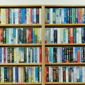 May include: A wooden bookshelf with five shelves filled with books. The books are organized by color and genre. The bookshelf is in a room with white walls.