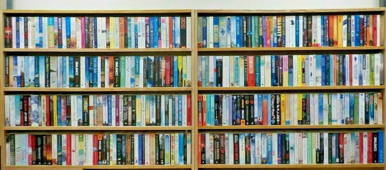 May include: A wooden bookshelf with five shelves filled with books. The books are organized by color and genre. The bookshelf is in a room with white walls.