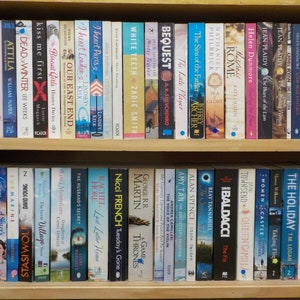 May include: A bookshelf filled with a variety of paperback books. The books are organized by color and genre. Some of the titles include "The Sins of the Father", "The Lute Player", "White Teeth", "I Heart Paris", "The Husband's Secret", "A Game of Thrones", "The Holiday", and "Before I Go to Sleep".