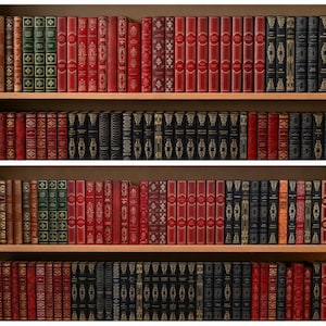 Op de afbeelding: Een verzameling gebonden boeken gerangschikt op houten planken. De boeken hebben ruggen in tinten rood, groen, zwart en bruin, vele met goudkleurige decoratieve patronen en belettering. De planken zijn georganiseerd in vier horizontale rijen.