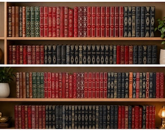 May include: A collection of hardcover books arranged on wooden shelves. The books feature spines in shades of red, green, black, and brown, many with gold-toned decorative patterns and lettering. The shelves are organized into four horizontal rows.