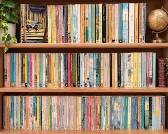 May include: A wooden bookshelf with three shelves filled with numerous books, including a copy of Prince Caspian by C.S. Lewis. A potted green plant sits on the top left, and a small decorative globe stands on the top right of the shelf.