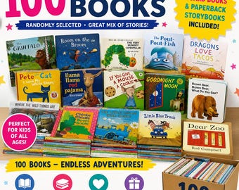 May include: A collection of 100 children's books, including board books and paperbacks, with a variety of stories. The image features book covers with colorful illustrations and text. The books are in a cardboard box, with text that reads "100 BOOKS - ENDLESS ADVENTURES!"