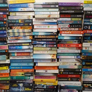 May include: A large collection of paperback books stacked in two columns. The books are mostly fiction and feature a variety of authors and titles. Some of the titles include "Blindside", "The Split", "The Boy from the Woods", "Divergent", "Ready Player One", "The Lie", "The Third Wife", "After-End", "Seven Days", "Before Her Eyes", "After Silence", "The Butterfly Effect", and "The Bookman".
