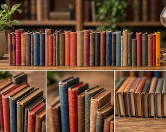 May include: A collection of vintage books with worn, multi-colored fabric covers arranged in a long row on a wooden surface. The spines display various shades of red, blue, green, brown, and yellow, showing signs of age and texture.