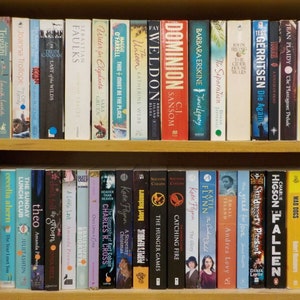 May include: A bookshelf filled with a variety of books, including fiction and non-fiction. The books are arranged in rows on the shelves, with the spines facing out. The books are of different sizes and colors, and some have titles and author names visible.