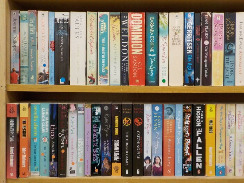 May include: A bookshelf filled with a variety of books, including fiction and non-fiction. The books are arranged in rows on the shelves, with the spines facing out. The books are of different sizes and colors, and some have titles and author names visible.