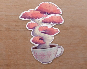 Bonsai Tea Cup Sticker | Whimsical Plant Kiss-Cut Decals for Your Laptop, Journal, or Water Bottle, Nature Lover Gift, Cute Home Decor