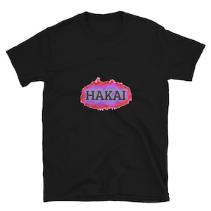 May include: Black t-shirt featuring a pink and purple cloud-like design with the word "HAKAI" in grey text.