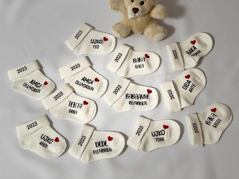 K&ouml;nnte beinhalten: Eine Sammlung wei&szlig;er Babysocken, jede mit Namen und dem Jahr 2023 in schwarzer Schrift personalisiert. Ein kleines rotes Herz ist neben einigen Namen aufgedruckt. Ein Teddyb&auml;r ist im Hintergrund zu sehen.