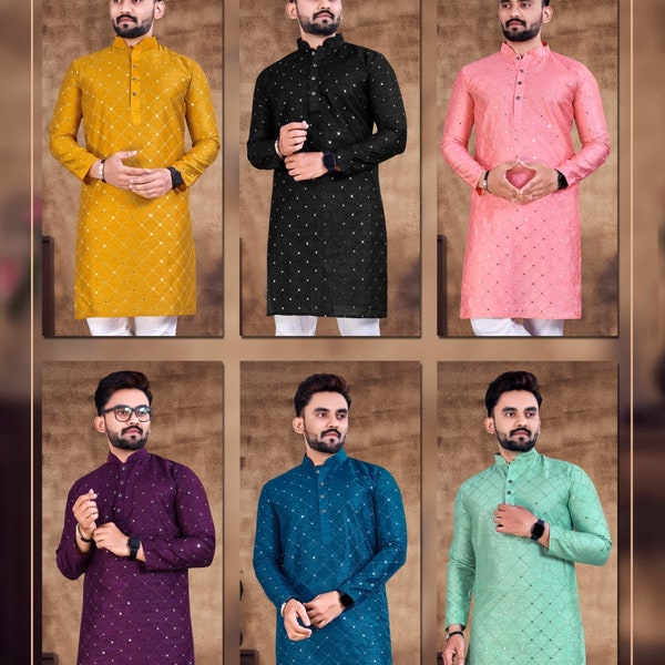 Pyjama Kurta prêt à l'emploi pour hommes en coton épais, col mao et manches longues, broderie Kurta avec motif de travail miroir Kurta