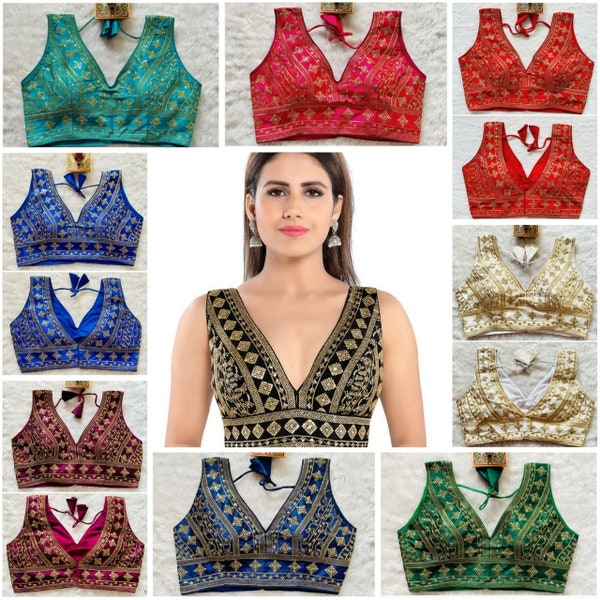 Beautiful Readymade Blouse Deep Neck blouse Phantom Silk Fabric Sequence Embroidery work Stitched Blouse Top For Women Wear Saree Blouse