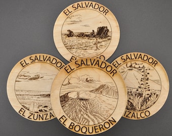 El Salvador Wonders |  El Salvador wood coasters |  Wood Engraved El Salvador | Salvi coasters |  Surf coasters | Salvi Land
