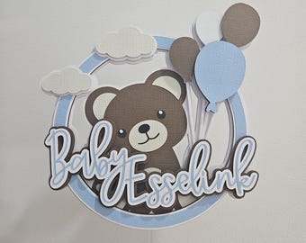 Taarttopper met beer op maat, gepersonaliseerde taarttopper, teddybeer feestdecoratie, babyshower decoratie, boho babyshower thema, schattige taarttopper