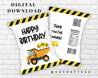 Construction Chip Bag Template, Construction Party Favor Bag, Digital Download Printable, Kids Party Favours, Snackable Party Favourites