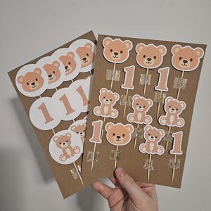 Bear Cupcake Topper 2 Styles. Circle backed and shaped. Brown and white colour.