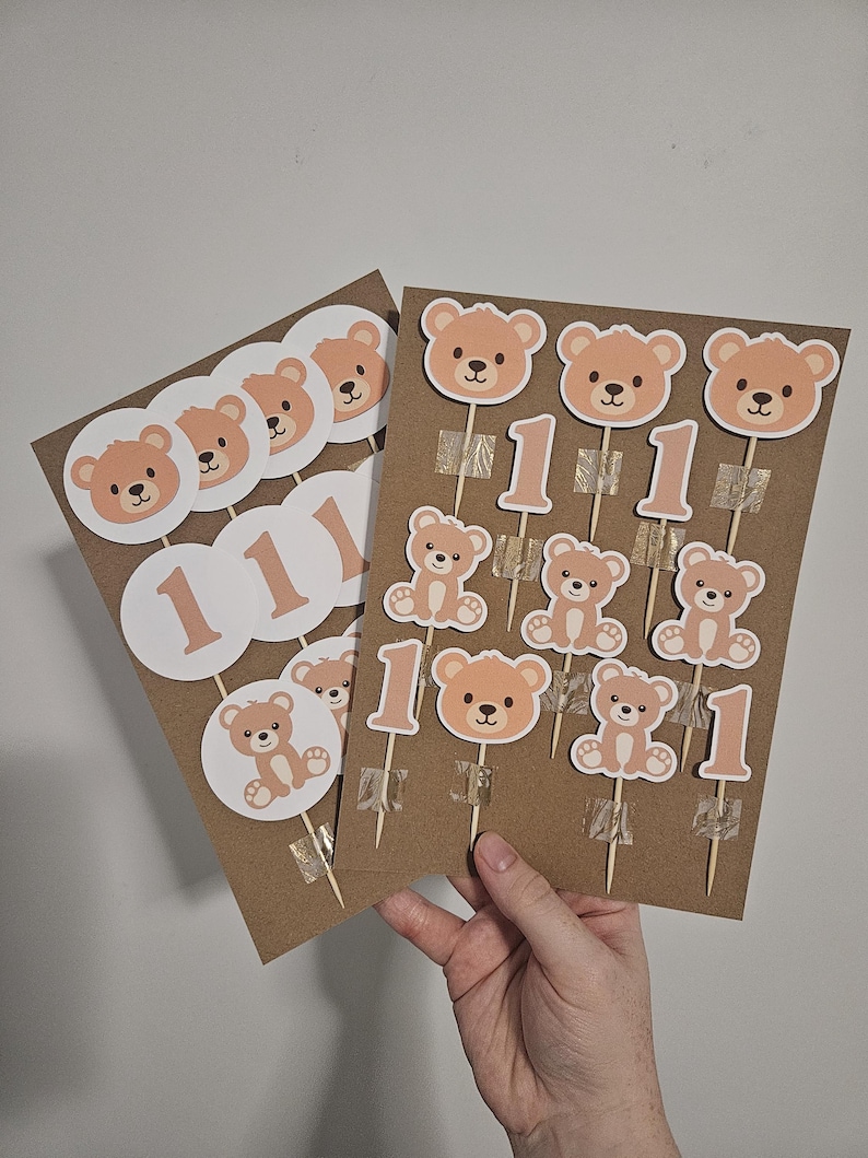 Bear Cupcake Topper 2 Styles. Circle backed and shaped. Brown and white colour.