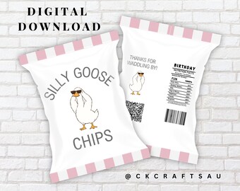 Una bolsa de patatas fritas Silly Goose, descarga digital, recuerdos para fiestas infantiles, rosa, aperitivos favoritos para fiestas DIY, paquete de patatas fritas imprimible, fiesta imprimible