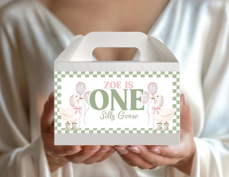 Op de afbeelding: Een witte kartonnen doos met een saliegroene geblokte rand en een centrale afbeelding van twee witte ganzen met bloemrijke laarzen en roze strikken. De tekst luidt ZOE IS ONE in saliegroen en roze, met de woorden Silly Goose eronder.