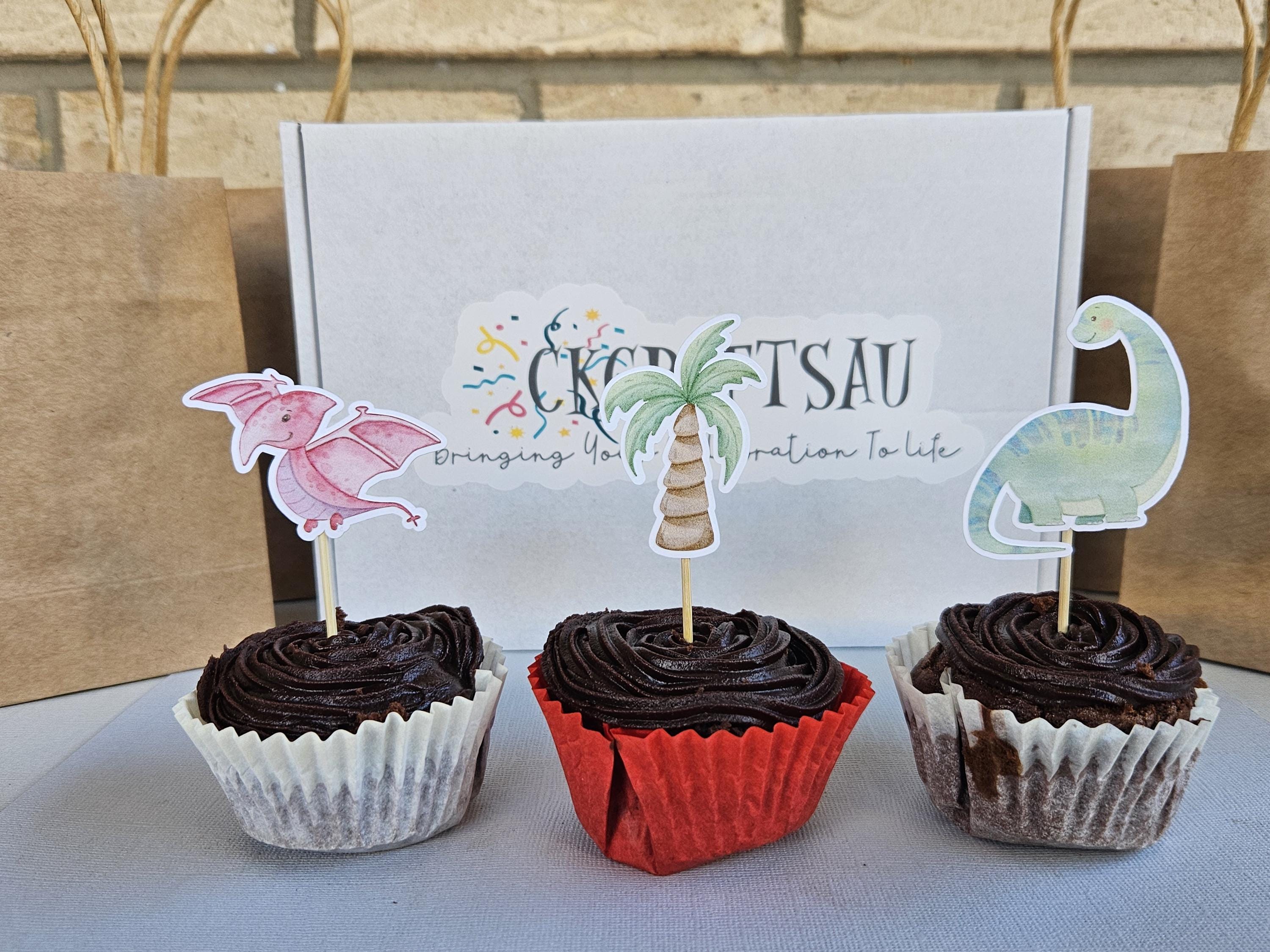 Dinosaur Cupcake Toppers – Dino Birthday Party Decorations – T-Rex Triceratops Stegosaurus – Roarsome Party Supplies – Custom Dino Toppers - Thumbnail 2