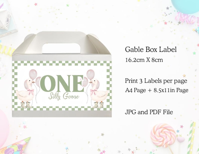 Etiqueta para caja de cartón con diseño de ganso tonto - Descarga digital - Recuerdos para fiestas infantiles - Rosa y verde imagen 3