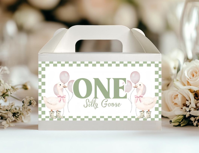 Etiqueta para caja de cartón con diseño de ganso tonto - Descarga digital - Recuerdos para fiestas infantiles - Rosa y verde imagen 1