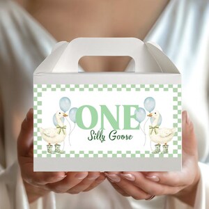 May include: White party favour box with a handle, featuring a green and white chequered border. The box is decorated with the words "ONE Silly Goose", two geese, and blue balloons. The box is held by a person.