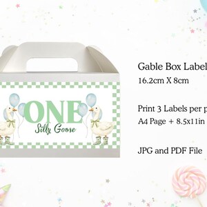 May include: White gable box with a green and white checkered border. The box features a label with the text "ONE Silly Goose" and illustrations of geese with balloons. The label measures 16.2cm x 8cm.