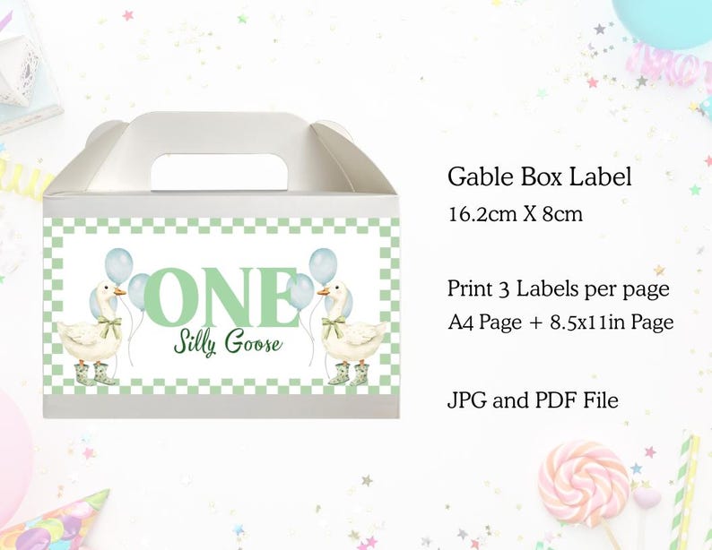 May include: White gable box with a green and white checkered border. The box features a label with the text "ONE Silly Goose" and illustrations of geese with balloons. The label measures 16.2cm x 8cm.
