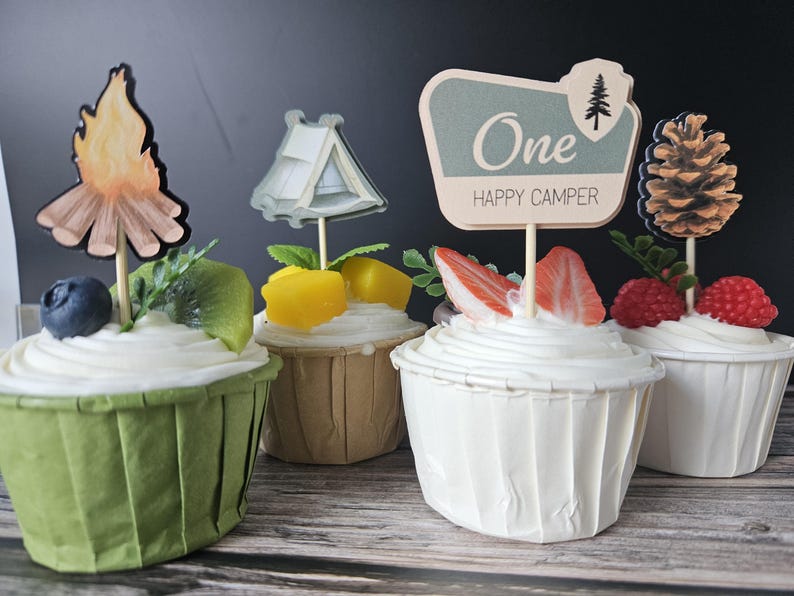 May include: Four cupcakes with camping-themed toppers. One cupcake has a campfire topper, another has a tent, a third has a sign that says "One Happy Camper", and the last has a pinecone. Each cupcake is decorated with fruit.