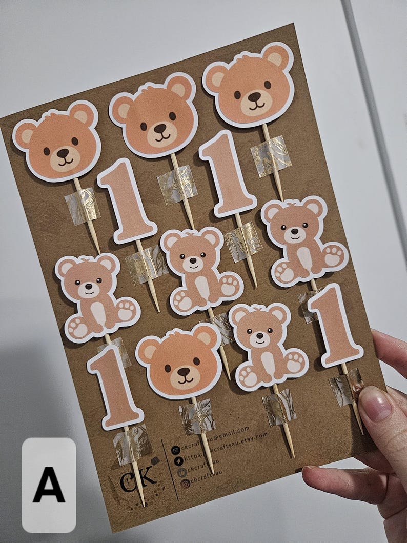 Teddy Bear Cupcake Toppers | Bear Birthday Party Supplies | Kids Party Decor | Beary Cute 1st Birthday Theme | Baby Shower Theme Outlined